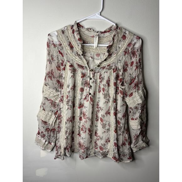 Anthropologie Boho Blouse tiny floral crinkle chiffon lace trim poet sleeve S - Picture 8 of 14